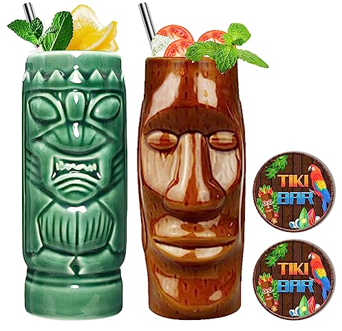 Tiki Mugs - Juego de 2 vasos de cerámica hawaiana para fiesta, vasos de cóctel exóticos, tazas Tiki para cócteles, fiestas exóticas