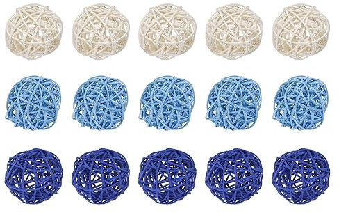 Uxcell Set of 15 Pcs Wicker Rattan Balls 2 Inch Rattan Decorative Balls for Centerpiece Bowls Vase Fillers Home Decor Light Blue,Deep Blue,White