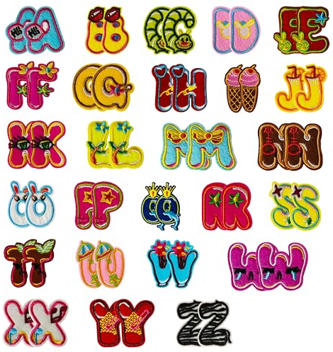 Aufnäher zum Aufbügeln, 52 Stück, besticktes Alphabet von A bis Z für T-Shirts, Jeans und Kleidung (Cartoon-Stil)