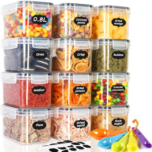 Cinnani 0.8L Boite de Rangement Cuisine Lot de 12, Sans BPA Bocaux Hermetiques Alimentaires en Plastique Scellée avec Couvercle, pour Stocker Les Cereales, Pâtes, Farine