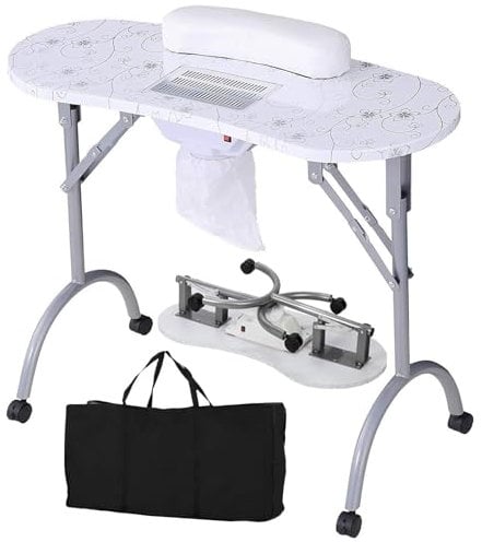 JXYQZD Maniküretisch Mobil, Faltbarer Nageltisch mit Nagelstaubabsauger, 4 Universal Rädern und Tragetasche, für Nail Tech (Color : Wit)