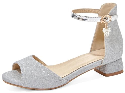 OALEEN Sandales Nu-pieds Femme Eté Petit Talon Carré Bride Cheville Paillettes Chaussures Bout Ouvert Soirée Mariage Argentée 42