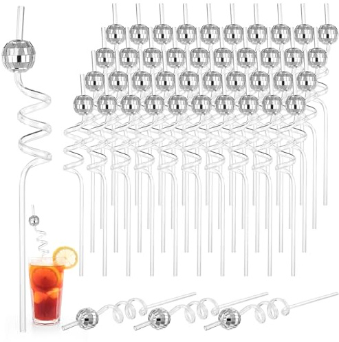 40 Pieces Disco Ball Straws 70s Mirror Disco Decorative Silver Straws Mini Disco Straw Decor Disco Party Decorations for Dance Holiday Wedding Birthday Supplies