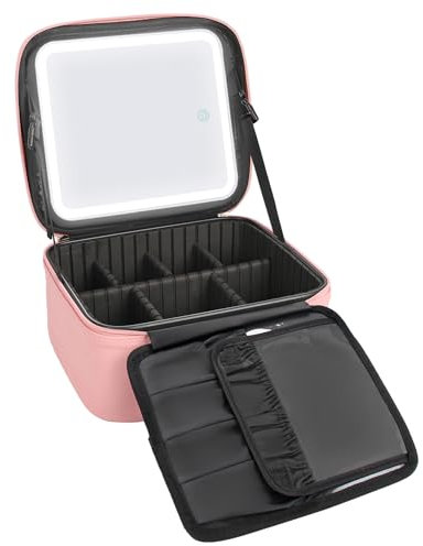 Kosmetiktasche Reise-Make-up-Tasche mit Beleuchtetem Spiegel, Relavel Schminktasche mit 3 Farbigem Mirror, wasserdichte Beauty Case Kosmetikkoffer für Damen (Rosa, Klein)