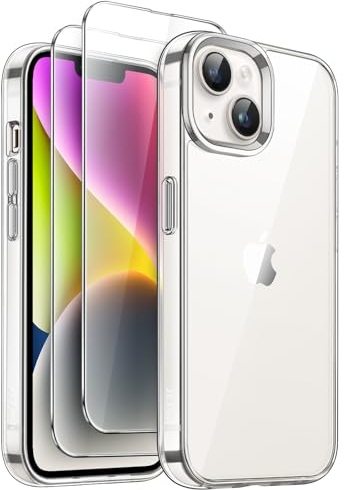 JETech 3 in 1 Hülle für iPhone 14 6,1 Zoll mit 2 Stück Gehärtetes Glas Schutzfolie, Nicht Vergilbende Stoßfest Stoßfänger Handyhülle (Durchsichtig)