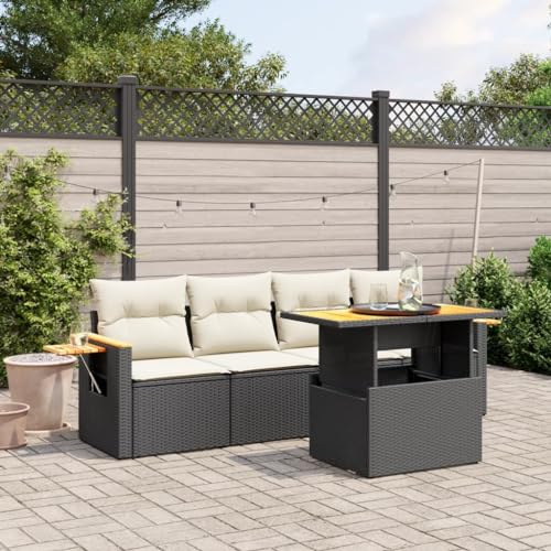 Homgoday 5-TLG. Gartenlounge Set Gartenmöbel Loungemöbel Gartensofa Lounge Balkonmobelset Terrassenmöbel Ecksofa Modular Sofa Sitzgruppe mit Tisch Höhenverstellbar Schwarz Poly Rattan