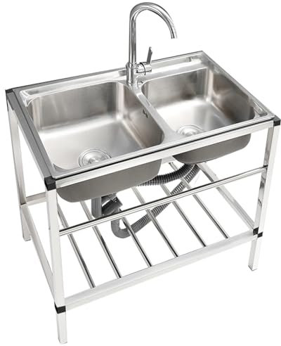 Fregadero de acero inoxidable 304 de 2 senos, fregadero de doble seno para restaurante comercial, fregadero de cocina independiente, fregadero de uso independiente con escurridor y grifo de