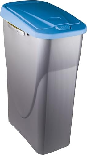 M home by Mazzei Mondex - Poubelle de Tri Sélectif 25L en Plastique - Ouverture facile Push - Cuve Gris Silver avec Couvercle de Couleur Bleu - Idéale pour Cuisine, Cellier - Fabriquée en France