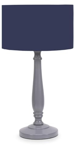 ValueLights | Traditional Grey Wood Candlestick Table Lamp with Navy Blue Fabric Drum Shade for Living Room Bedroom | Table Lamps, Home Décor & Improvement Essential | Included LED Bulb