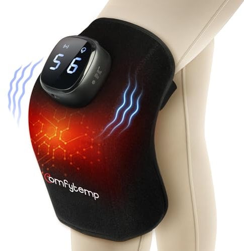 Comfytemp Kabellos Massagegerät Kniewärmer mit 15Wh Akku, 3D Heizkissen mit USB 9 Wärmestufen 5 Vibrationmoden 15min Abschaltautomatik, Kniebandage Kontrolle per Knopfdruck und App