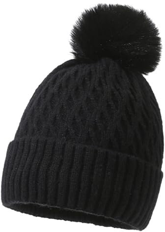 MUNSKT Wintermütze für Damen, warm, grobe Zopfstrickmütze mit Thermo-Fleece-Futter, Bommelmütze für Outdoor, Ski, Thermoschicht, Wollmütze, Damen-Wintermütze, Schwarz