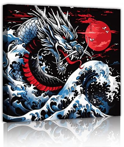YUNART Asien Orient Wandkunst Leinwanddruck Vintage Drache Poster Wohnzimmer Flur Wohnkultur Japanische Sonne Meer Welle Leinwand Gemälde 50x50cm Innenrahmen