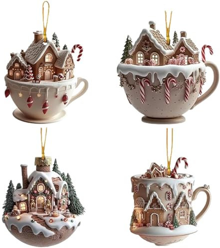 Hot Chocolate Ornaments for Christmas Tree, Christmas Coffee Cup Ornaments, 2D Acrylic Snow Houses Shaped Hot Chocolate Mug Christmas Ornaments, Christmas Tree Pendant for Indoor Outdoor