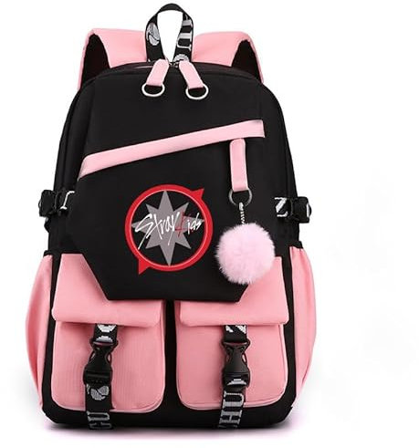 MAANKII SKZ Rucksack Merch, Stray Kinder Büchertasche Colleage Backpck Casual Daypack Mochila Laptop Rucksack Reiserucksack Schwarz und Rosa, Schwarz, Large, Modern