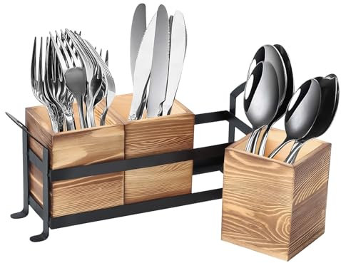 BlyeMichdi Soporte para Utensilios de Cocina de Madera, 3 Compartimentos Organizador de Utensilios Cocina, Desmontable Bote para Utensilios de Cocina, Organizador Utensilios de Granja para Encimera