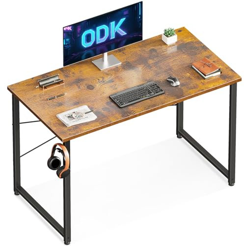 ODK Scrivania, 100 x 48 cm Piccola Scrivania con Gancio per Cuffie, Scrivania Computer per Stanze Piccole, Scrivania Ufficio in Casa, Marrone