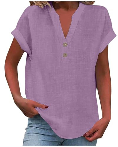 Linen Tops for Women Lightweight Side High Slit Short Sleeve Tees Womens Blouses Size 16 UK Ladies Smart T Shirts Office Wearing 2025 Fashion Y2K Clothes Plus Size Lilac