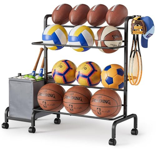 VINCOURNA Ballständer, 4-Tier Adjustable Ballhalter mit Aufbewahrung Mülleimer & Haken, Ballhalterung Stehend für Fussball Basketball Baseball Volleyball, Garage Gym Sportgeräte Ballregal Wagen