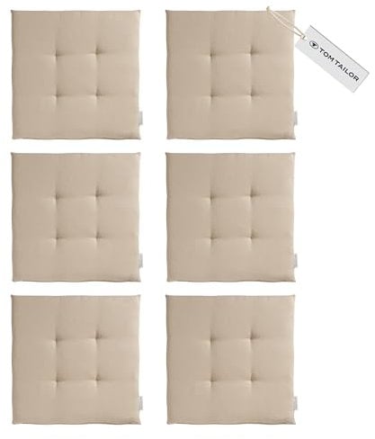 TOM TAILOR NEU! Sitzkissen Stuhl 6er Set - gemütliche Stuhlkissen 40x40 cm in Beige - Sitzauflage waschbar für Esszimmer, Bürostuhl, Bank, Boden & Gartenmöbel - Oeko Tex Zertifiziert