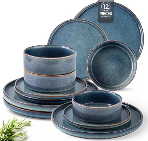 GBHOME Geschirrset für 4 Personen, Steingut Geschirr Set 12-tlg, Keramik Reaktive Glasur Kratzfestes- Schüssel- und Teller-Set, Spülmaschinen- und Mikrowellenfestes für Tafelservice