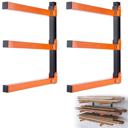 Ysislybin Lumber Storage Rack, Wall Mount Wood Organizer 2 PCS Lumber Storage Metal Rack with 3-Level Heavy Duty Garage Wood Organizer Folding Woodstorage Racks for Indoor Outdoor Use