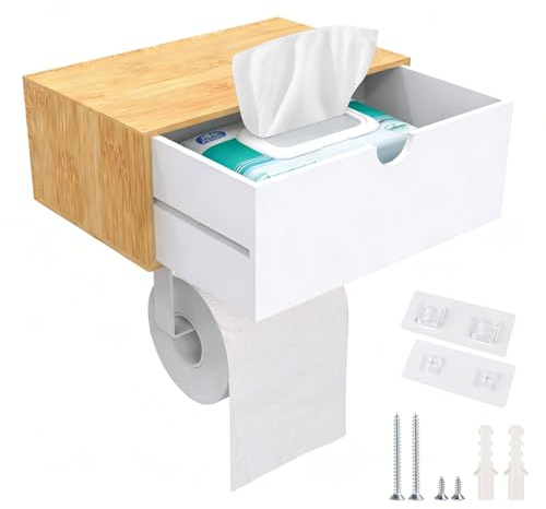 EFUTURETIME Toilettenpapierhalter mit Feuchttücherbox Selbstklebend, Bambus & Edelstahl, Klopapierhalter Wand Ohne Bohren, Klorollenhalter mit Ablage für Badezimmer Küche Toiletten, Natur