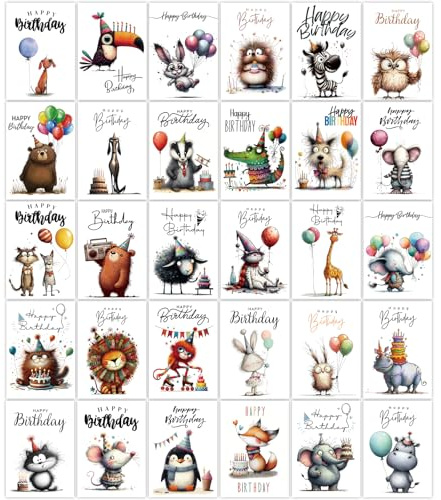 YianHien Birthday Cards, 30 Unique Animals Birthday Cards Multipack | Happy Birthday Card Pack for Kids & Adults, Pack of Birthday Cards with Envelopes & Sealing Stickers