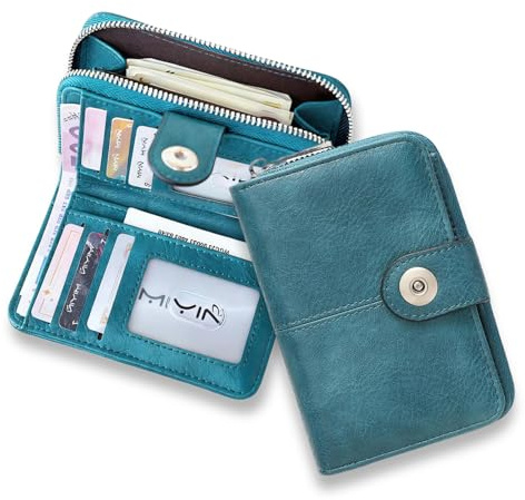 Geldbörse Damen Mittelgroß,Damen Portemonnaie,Mehrschichtig,Reißverschluss | Portmonee Dunkelblau, Geldtasche, Wallet for Women, PU Lederportmonai Damen, Geldbeutel mit Bügelverschluss (Pfauenblau)