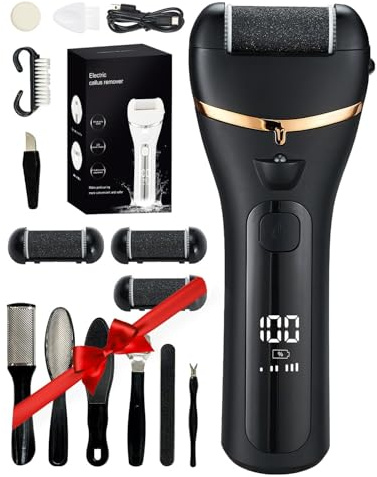 Mother Days Gift 11 in 1 Electric Foot File, Rechargeable Waterproof Pedicure Sets for Feet Hard Skin Remover with 3 Roller Heads, LED Display Battery Level Visible and Storage Bag
