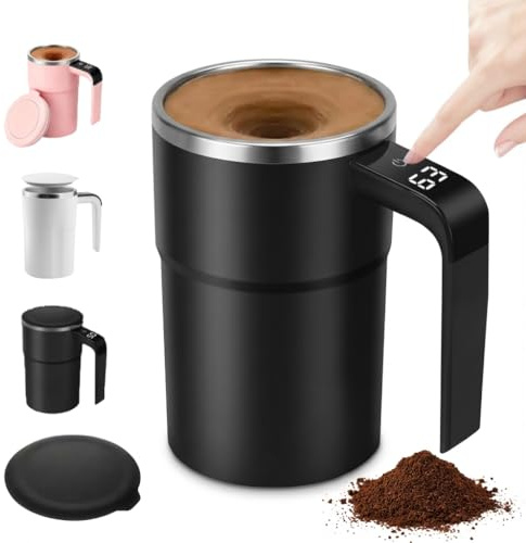 Self Stirring Coffee Mug with Temperature Display, Rechargeable Automatic Magnetic Mixing Cup, 380ml Stainless Steel Portable Electric Travel Cup for Coffee Milk Cocoa (Black) (Black)