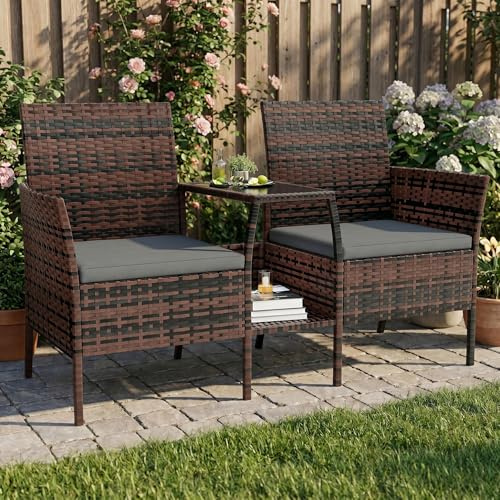 Amopatio Polyrattan Gartenbank, Outdoor Sitzbank mit Tisch & Ablage, Gartenmöbel Rattan Gartensofa, Wetterfest & UV-beständig Balkonbank Sitzgruppe für Garten, Balkon, Braun