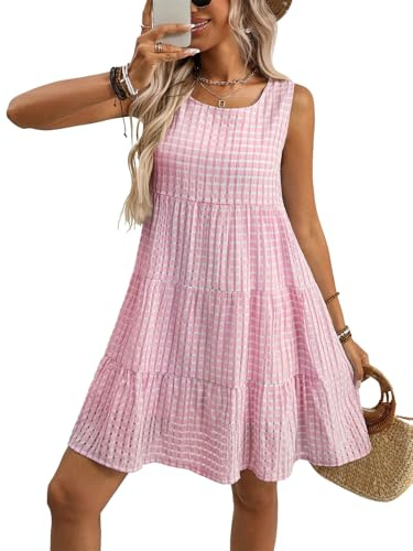 SotRong Abito estivo da donna a quadretti senza maniche con volant da donna, mini abito casual con scollo rotondo, per le vacanze, la spiaggia, Rosa, S