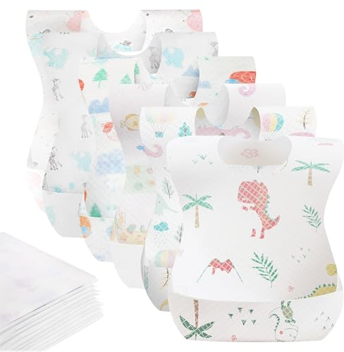 SYCEES Bavoirs Bébé Jetable Imperméable avec Poche - 35x25cm | PE Imperméable,Bandes Adhésives Ajustables,Hypoallergénique,Emballage Individuel, de 6 à 36 Mois,Résistant Aux Déchirures