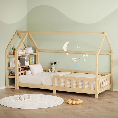 ML-Design Kinderbett Hausbett 90x200 cm mit Rausfallschutz, Regal, Dach & Lattenrost, Natur, Bettgestell aus Kiefernholz, Montessori Bodenbett, Holzbett für Mädchen & Jungen, Jugendbett, Einzelbett