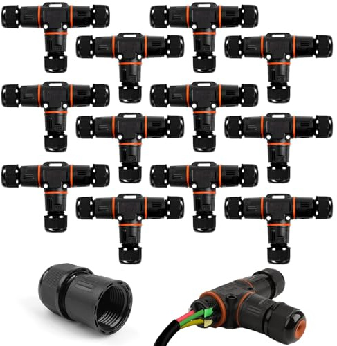 AOBOPLE Pack of 12 IP68 T-Shape Waterproof Junction Box Outdoor Cable Connector,3-Pin Waterproof Cable Protector for Diameter Ø3-12 mm,Use for Outdoor Billboards,Road Landscape Lights