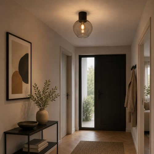 Lightbox Deckenleuchte, E27 Fassung, Ø 23 cm, Höhe 27,5 cm, Glas und | Deckenleuchte, E27 Fassung, Ø 23 cm, Höhe 27,5 cm, Glas und Aluminium, schwarz rauchfarbenes Glas, modernes Design für