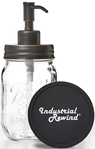 Industrial Rewind Mason Jar soap Dispenser with Non Slip Coster - 16oz Clear Pint Ball Mason Jar with Oil Rubbed Bronze Soap Dispenser