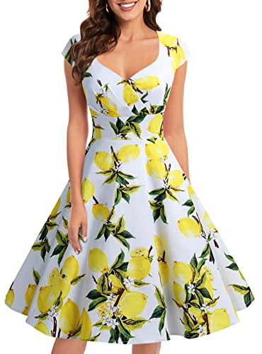 bbonlinedress 1950er Vintage Retro Cocktailkleid Rockabilly V-Ausschnitt Faltenrock Lemon L