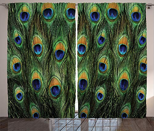 ABAKUHAUS Pfau Rustikaler Vorhang, Exotische Tierfedern, Wohnzimmer Universalband Gardinen mit Schlaufen und Haken, 280 x 175 cm, Grüne Senf Navy