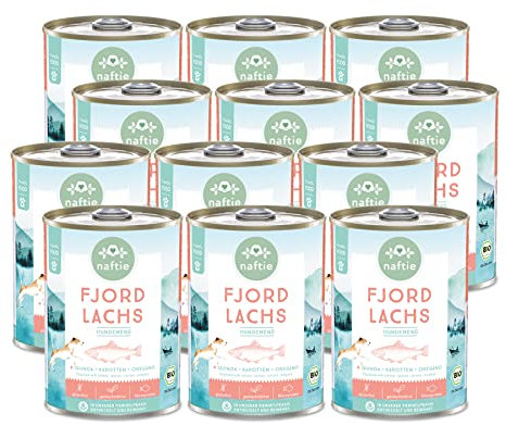 naftie Bio Hundefutter Fjord Lachs - Premium Nassfutter Menü mit Lachs-Fisch & Quinoa - getreidefrei glutenfrei - purinarm - Diät-Futter - 12x 400g