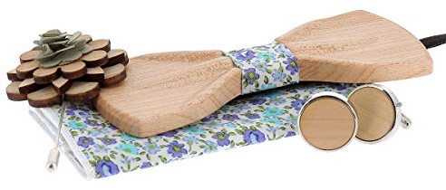 SHIPITNOW Noeud Papillon et Boutons de Manchette Bois clair - Pochette Costume Tissu Liberty Bleu - Vendu dans un Coffret en Bois