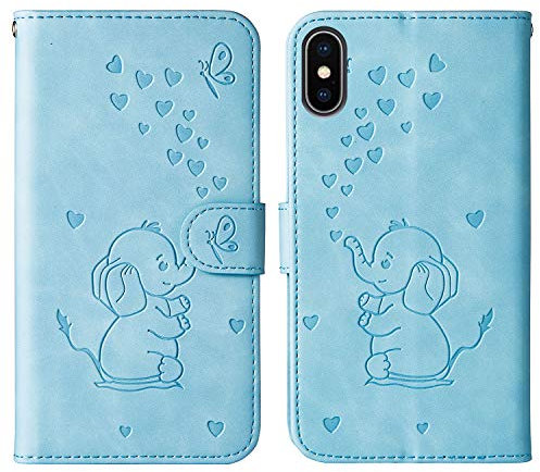 Tiyoo Phone Case for iPhone X/iPhone XS Elephant Butterfly Pattern Kickstand TPU Leather Wallet Cover Protective Case with Card Holder, Magnetic Closure (Blue)