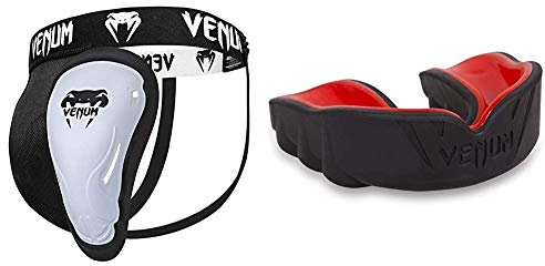 Venum Erwachsene Tiefschutz Challenger, EU-VENUM-1062, Schwarz, XL & Erwachsene Zahnschutz Challenger Schwarz/Rot, One Size