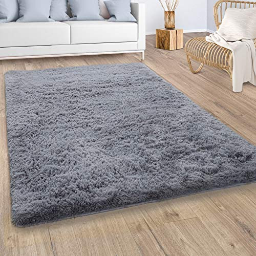 Paco Home Hochflor Teppich Wohnzimmer Shaggy Moderner Fellteppich Imitat Kunstfell Flauschig rutschfest Einfarbig Grau, Grösse:Ø 120 cm Rund
