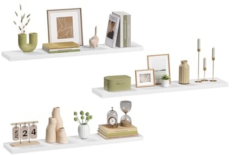 eSituro 3 Pcs White Floating Shelves, 110cm Wooden Modern Shelf, Bedroom | MDF Shelving Boards, Easy Install Wall Rack Display & Organiser for Living Room, Kitchen, Bathroom, Office, Hallway