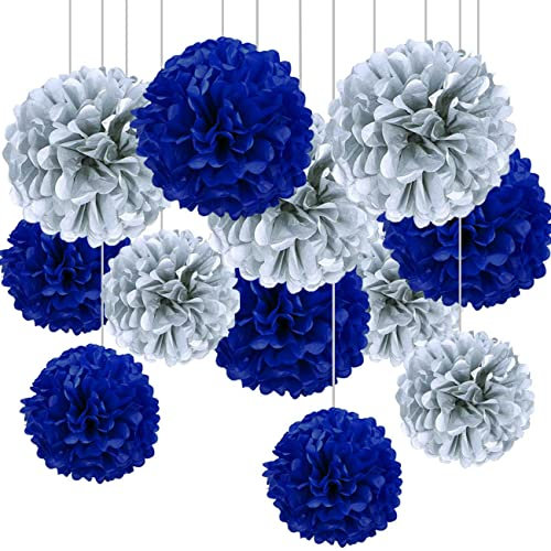 CC wonderland zone 12 Stück Blau und Silber Seidenpapier Pompons,Papier Pom Poms Seidenpompons für Party Deko