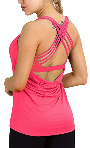 icyzone Damen Sport Tops mit Integriertem BH - 2 in 1 Yoga Gym Shirt Fitness Training Tanktop (M, Neon Pink)