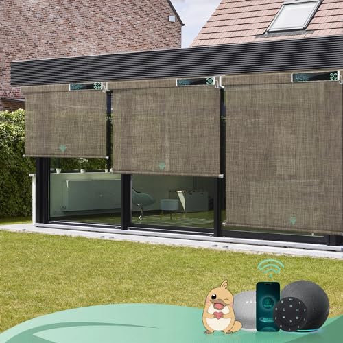Yoolax Elektrische Außenrollo Senkrechtmarkise Balkonrollo mit Fernbedienung, Kompetibel mit Alexa Google, Sonnenschutz/Wetterfest/Anti-UV Außen Elektrische Rollo für Garten, Nach Maß(Kariert Braun)