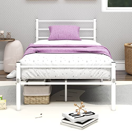 Diahomy Single Bed Frames 3ft Metal Platform Bed Frame with Headboard and Footboard/Heavy Duty/Mattress Foundation/Under Bed Storage/For Adults,Kids, Teenagers/White