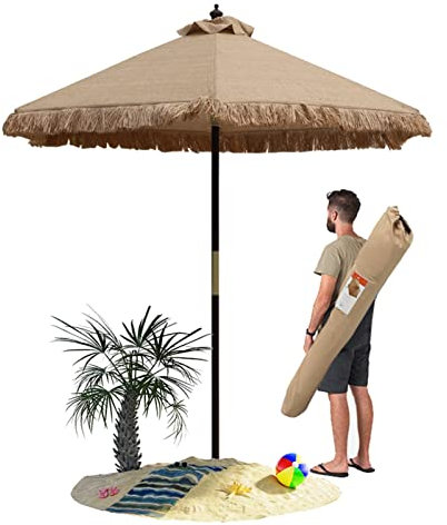 GHARAZ 2.1/7ft Parasol de Jardin en Paille,Parasol de Plage de Style Hawaïen,Parasol de Terrasse en Bois, 8 Baleines, avec Sac de Transport